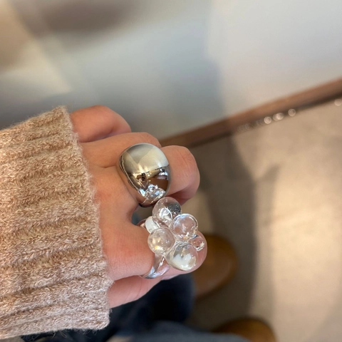 Minimalistisches Silber Titanstahl Perlenring Set Transparentes Harz Blase Trauben Ring Vintage Modeschmuck Für Damen