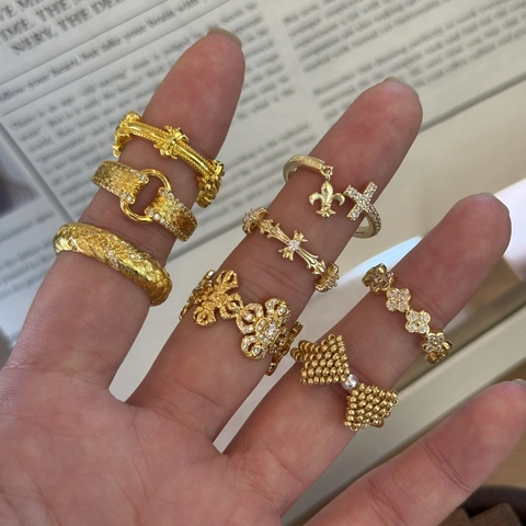 Vintage Copper Zirconia Adjustable Open Rings For Women Gold Plated Cross Clover Flower Horsebit Style Fashion Finger Jewelry