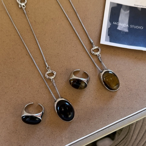 Collar Largo con Colgante Ovalado de Piedra de Ojo de Tigre Obsidiana Vintage Maillard Anillo Abierto Ajustable Mujer