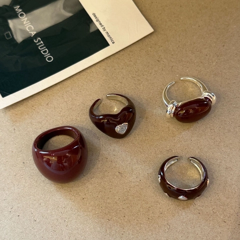 Vintage Burgundy Enamel Heart Copper Ring Women Zirconia Oval Resin Open Finger Ring Minimalist Jewelry Accessory Fashion Finger Decor