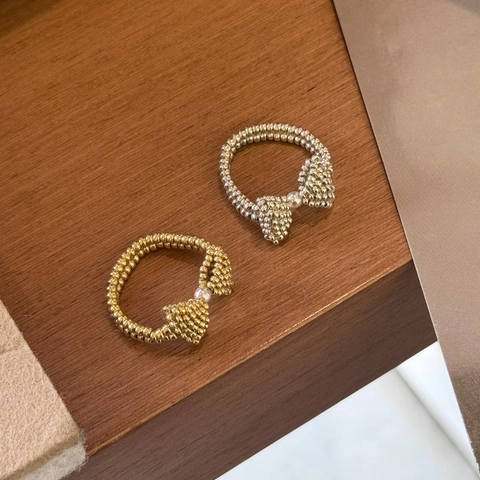 Sweet Handmade Metallic Bead Bowknot Soft Ring With Imitation Artificial Pearl Korean Style Fashion Finger Jewelry For Women Accessories