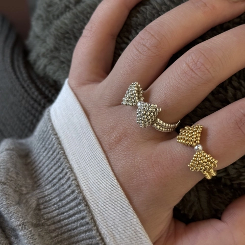 Sweet Handmade Metallic Bead Bowknot Soft Ring With Imitation Artificial Pearl Korean Style Fashion Finger Jewelry For Women Accessories