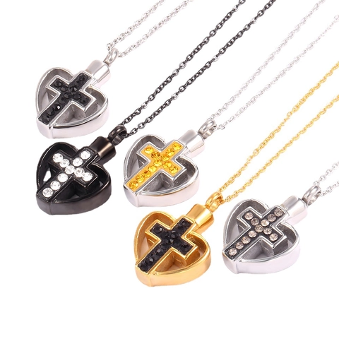 Heart Cross Cremation Urn Necklace For Ashes Memorial Keepsake Stainless Steel Rhinestone Pendant Jewelry For Men Women
