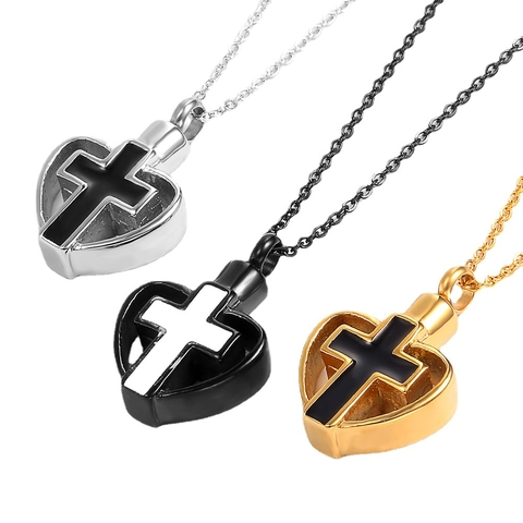 Heart Urn Necklace For Ashes Stainless Steel Cross Pendant Memorial Jewelry For Men Women Gold Silver Black Cremation Jewelry