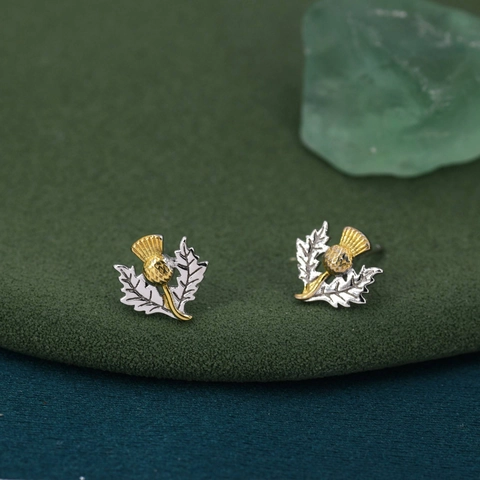 Orecchini a Bottone Cardo Scozzese Vintage Rame Zirconia Bicolore Oro Argento Placcato Gioielli Botanici per Donna Uomo