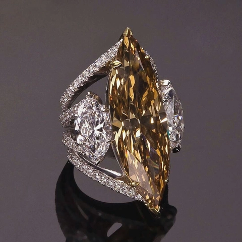 Vintage Marquise Cut Amber Zirconia Cocktail Ring For Women Silver Plated Copper Multi Layer Pave Rhinestone Jewelry Gift