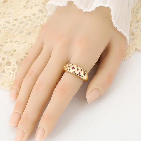 Vintage Gold Plated Copper Red Zirconia Star Setting Wide Band Ring For Women Retro Luxury Party Jewelry