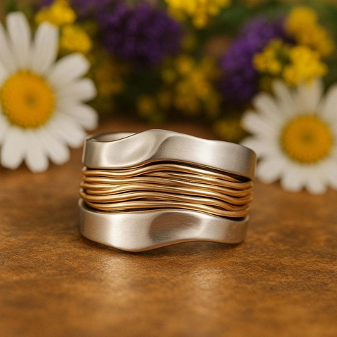 Wide Band Wave Ring For Women Men Gold Silver Two Tone Layered Winding Wire Design Fashion Jewelry Statement Finger Ring