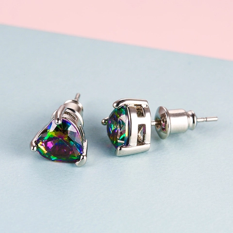 Heart Stud Earrings Copper Pink Zirconia Blue Synthetic Opal Rainbow Stone Sweet Individual Ear Jewelry Gift For Women