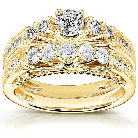 Conjunto de Anillos de Aleación de Zirconia Chapado en Oro Vintage para Mujer Anillo de Compromiso de Cristal Redondo Calado