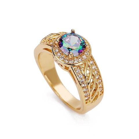 Gold Plated Copper Round Rainbow Zirconia Ring Vintage Hollow Woven Design Colorful Gemstone Ring For Men Women Jewelry