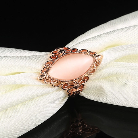 Vintage Marquise Cat's Eye Stone Ring For Women Rose Gold Silver Color Alloy Hollow Filigree Palace Ethnic Cocktail Ring