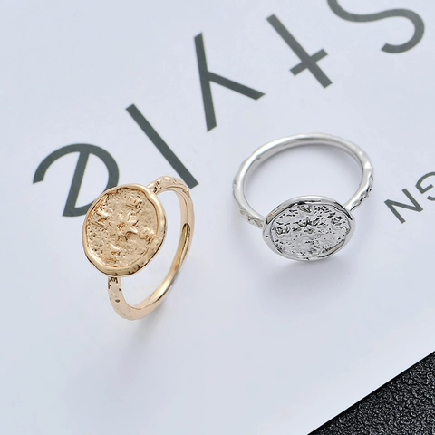 Vintage Alloy Compass Coin Ring For Women Men Gold Silver Plated Hammered Texture Star Pattern E S W N Finger Jewelry