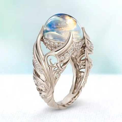 Hollow Swan Wings Ring Alloy Faux Moonstone Iridescent Rhinestone Vintage Style Jewelry For Women