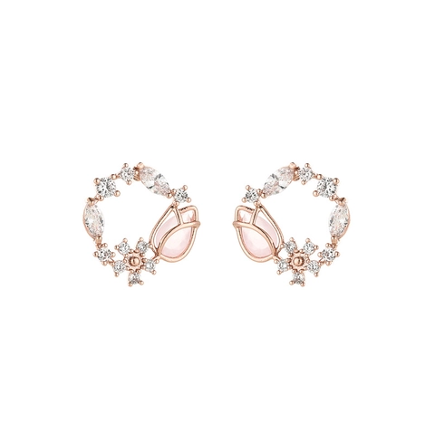 Rose Gold Flower Wreath Stud Earrings With Pink Tulip Artificial Opal Zirconia For Women Elegant Korean Fashion Jewelry
