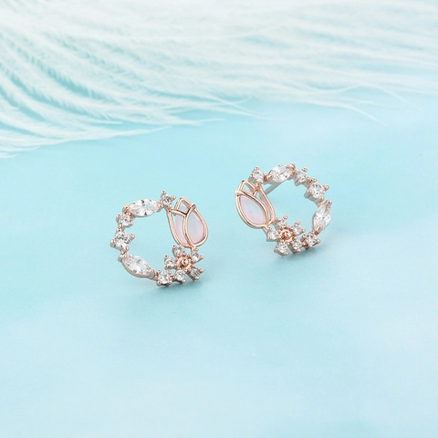 Rose Gold Flower Wreath Stud Earrings With Pink Tulip Artificial Opal Zirconia For Women Elegant Korean Fashion Jewelry