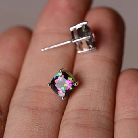 Minimalist Square Opal Stud Earrings With 925 Sterling Silver Earring Post Copper Pink Multicolor Geometric Women Jewelry