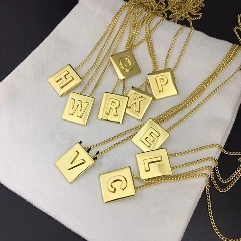 Vintage 18K Gold Plated Stainless Steel Alphabet Square Pendant Necklace For Women Retro Minimalist Letter Initial Jewelry