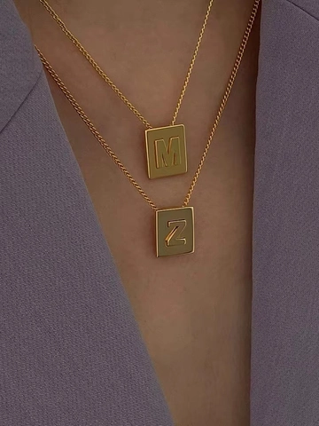 Vintage 18K Gold Plated Stainless Steel Alphabet Square Pendant Necklace For Women Retro Minimalist Letter Initial Jewelry