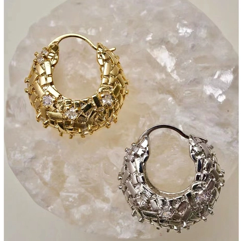 Pendientes de Aro de Latón Chapado en Oro Real Tejido Zircón Con Poste de Plata 925 Joyería de Moda para Mujeres
