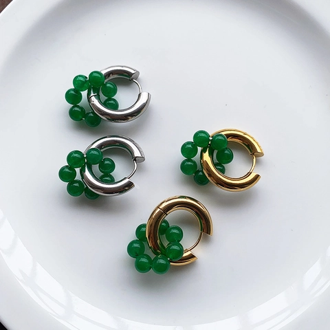 Retro Chinese Style Green Bead Titanium Steel Hoop Earrings For Women Minimalist Stainless Steel Huggie Earrings Jewelry Gift