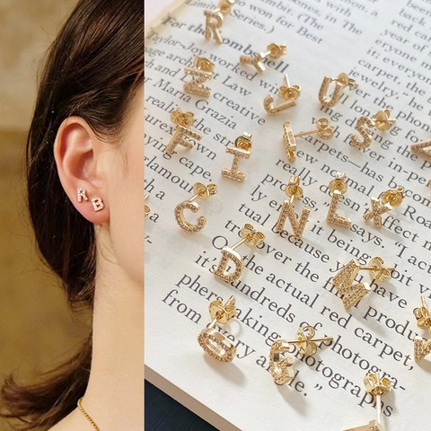 Gold Plated Copper Zirconia Initial Letter Stud Earrings With 925 Sterling Silver Earring Post Shiny Tiny Alphabet Piercing