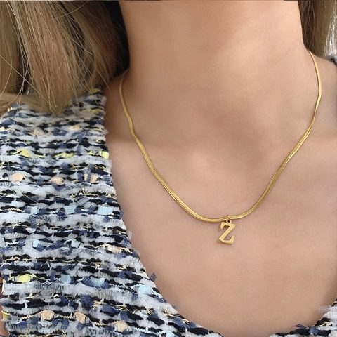 Minimalist Stainless Steel Alphabet Initial Pendant Necklace Gold Plated Flat Snake Chain Letter Necklace For Women Daily Jewelry