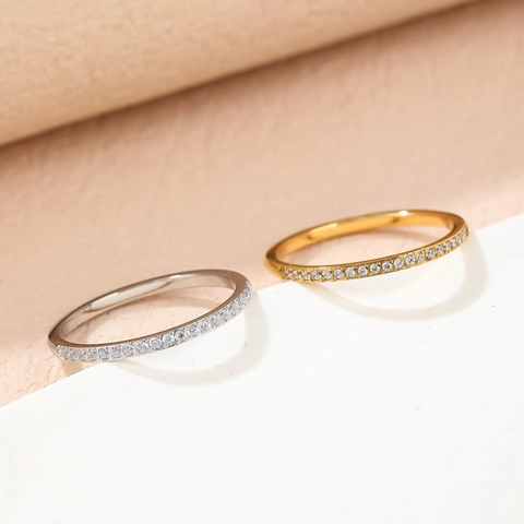 Minimalist Titanium Steel Half Circle Zirconia Ring Gold Silver Plated Rhinestone Eternity Band For Women Couple Jewelry