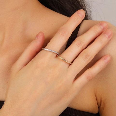 Minimalist Titanium Steel Half Circle Zirconia Ring Gold Silver Plated Rhinestone Eternity Band For Women Couple Jewelry