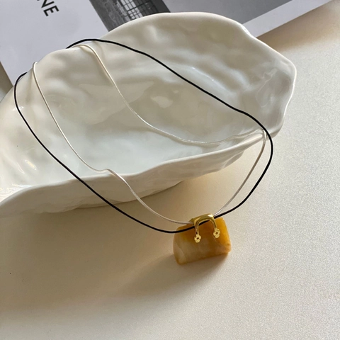 Vintage Natural Stone Mini Bag Pendant Necklace For Women Double Layer Wax Cord Silver Metal Chain Artistic Fashion Jewelry