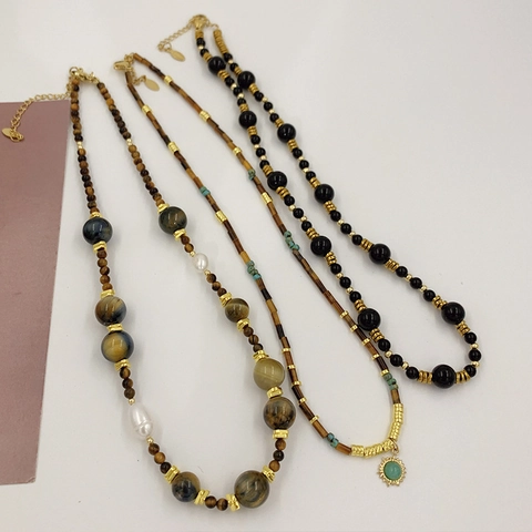 Boho Tigerauge Süßwasserperle Perlenhalskette Für Damen Vintage Schwarzer Achat Sonne Anhänger Vergoldeter Schmuck