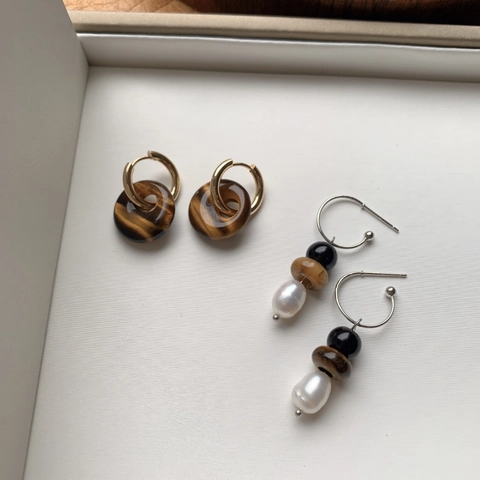 Orecchini Pendenti in Occhio di Tigre e Perle d'Acqua Dolce Retrò per Donna Fatti a Mano Geometrici Agata Nera Gioielli Boutique Regalo