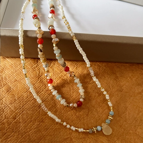 Bohemian Natural Stone Beaded Necklace For Women French Style Handmade Multilayer Colorful Bead Choker With Pendant Jewelry