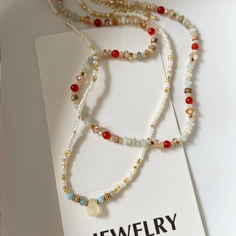 Bohemian Natural Stone Beaded Necklace For Women French Style Handmade Multilayer Colorful Bead Choker With Pendant Jewelry