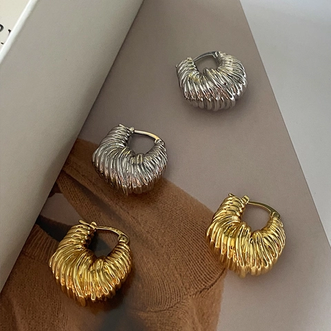 Orecchini a Cerchio Croissant Francesi Vintage in Ottone Placcato Oro 18K a Costine Con Perno in Argento Sterling 925