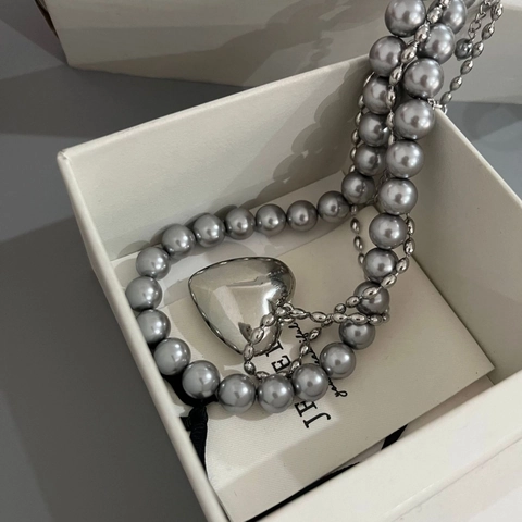 Korean Style Titanium Steel Heart Pendant Necklace Gray White Imitation Artificial Pearl Layered Chain Jewelry For Women