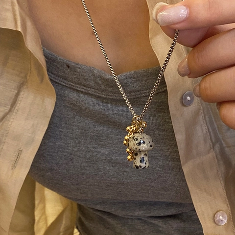 Natural Stone Mushroom Pendant Necklace Titanium Steel Gold Beads Grape Cluster Long Chain For Women Boho Jewelry