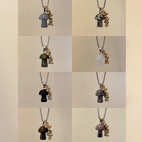 Natural Stone Mushroom Pendant Necklace Titanium Steel Gold Beads Grape Cluster Long Chain For Women Boho Jewelry