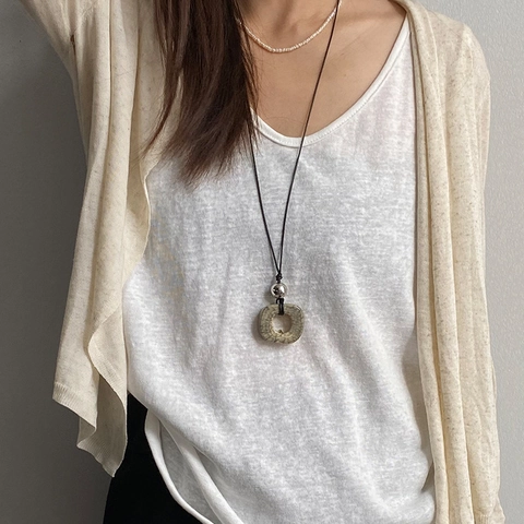 Handmade Natural Camel Bone Long Pendant Necklace For Women Retro Geometric Ceramic Look Crackle Pattern Stainless Steel Copper Bead Jewelry