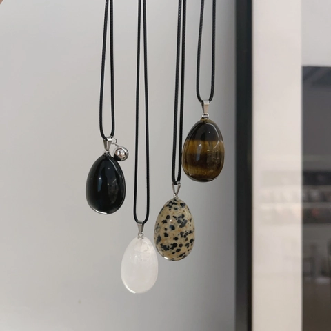 Natural Stone Egg Pendant Long Necklace For Women Tiger Eye Obsidian White Crystal Dalmatian Jasper Sweater Necklace Minimalist Jewelry Gift