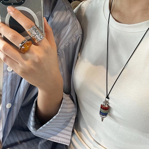 Seven Chakra Natural Stone Pendulum Pendant Necklace Healing Crystal Geometrical Cone Sweater Chain For Women Jewelry