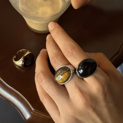 Anillo Abierto de Cobre Vintage Collar Hebilla OT Piedra Natural Ojo de Tigre Obsidiana Oval Cabujón Joyería Geométrica Mujer Regalo