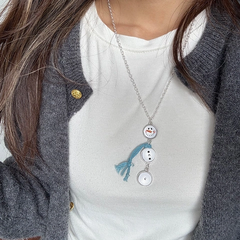 Sneeuwpop Knoop Hanger Halsketting Kerst Winter Sieraden Met Blauw Touw Sjaal Zilveren Legering Ketting Voor Dames Meisjes Cadeau