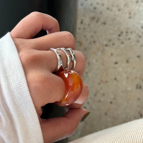 Vintage Agate Ring Set For Women French Simple Black Red Green Stone Rings Alloy Wide Hollow Ring Metal Bead Finger Jewelry