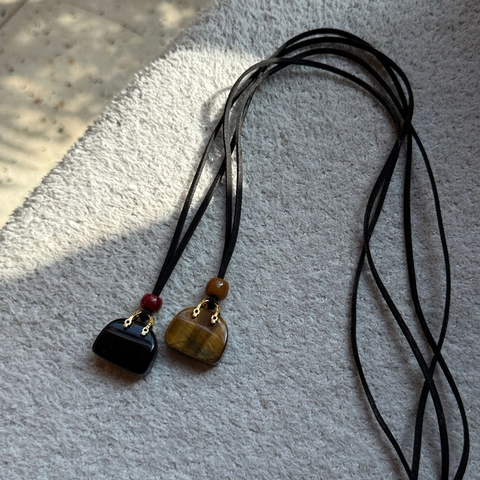 Vintage Natural Stone Mini Bag Pendant Necklace For Women Adjustable Long Wax Cord Sweater Chain Tiger Eye Obsidian Jewelry