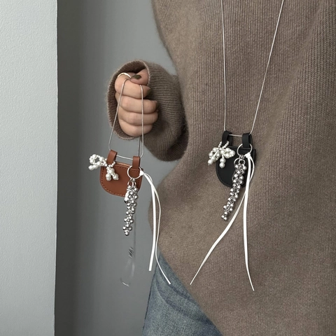 Mini Leather Bag Pendant Long Sweater Chain For Women Sweet Cool Artificial Pearl Bow Alloy Metal Tassel Necklace Fashion Jewelry