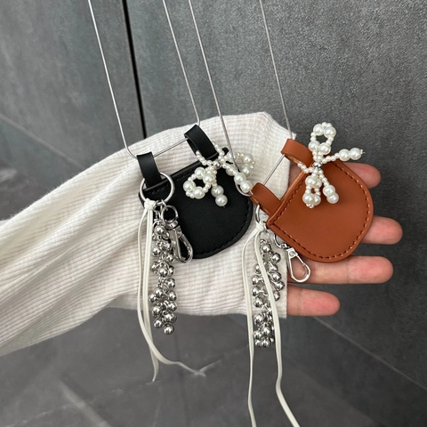 Mini Leather Bag Pendant Long Sweater Chain For Women Sweet Cool Artificial Pearl Bow Alloy Metal Tassel Necklace Fashion Jewelry