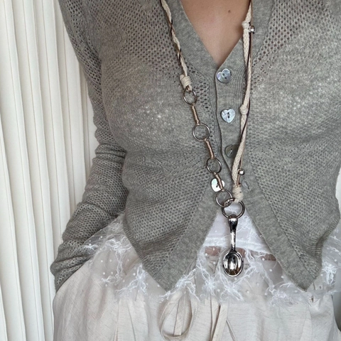 Minimalistische Massief Metalen Lepel Hanger Ketting Lange Trui Ketting Met Verstelbaar Koord Koper Legering Sieraden