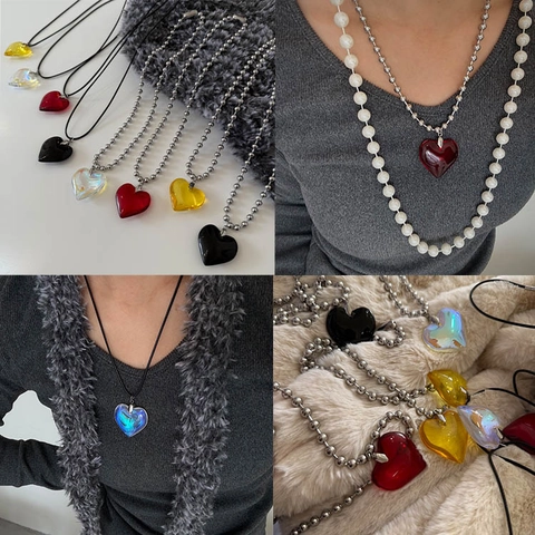 Fashion Heart Pendant Necklace For Women Titanium Stainless Steel Ball Chain Black Rope Crystal Heart Choker Jewelry