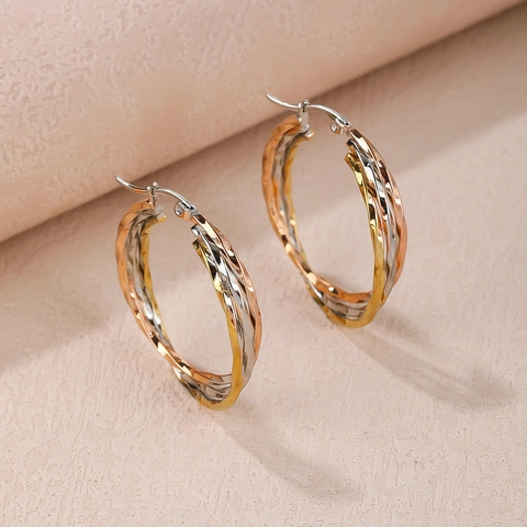 French Vintage Tri-color Twisted Hoop Earrings For Women Titanium Steel Minimalist Round Twisted Rope Circle Jewelry With Silver Post